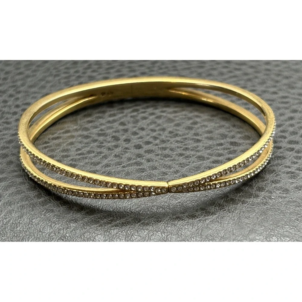 Nordstrom Gold Tone Crossover Bangle Bracelet Clear Cubic Zirconia Hinged